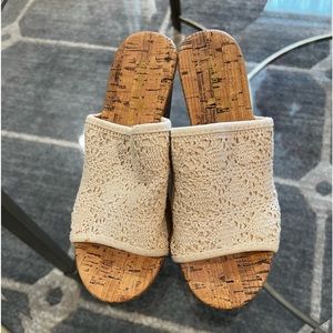 Pretty, summer, crochet style, wedge, slide on cork like heels.